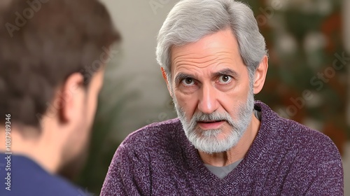 An older man with gray hair engages in a serious conversation with a younger man.