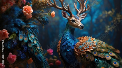 A deer with antlers and peacock feathers in a fantasy forest setting with pink roses.