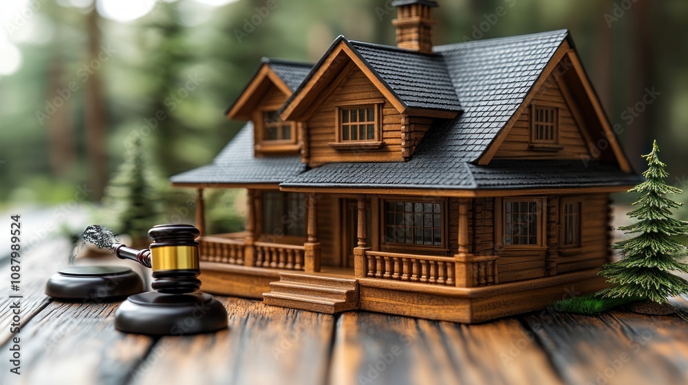 A wooden house model beside a gavel on a wooden table. A wooden house model beside a gavel on a wooden table.