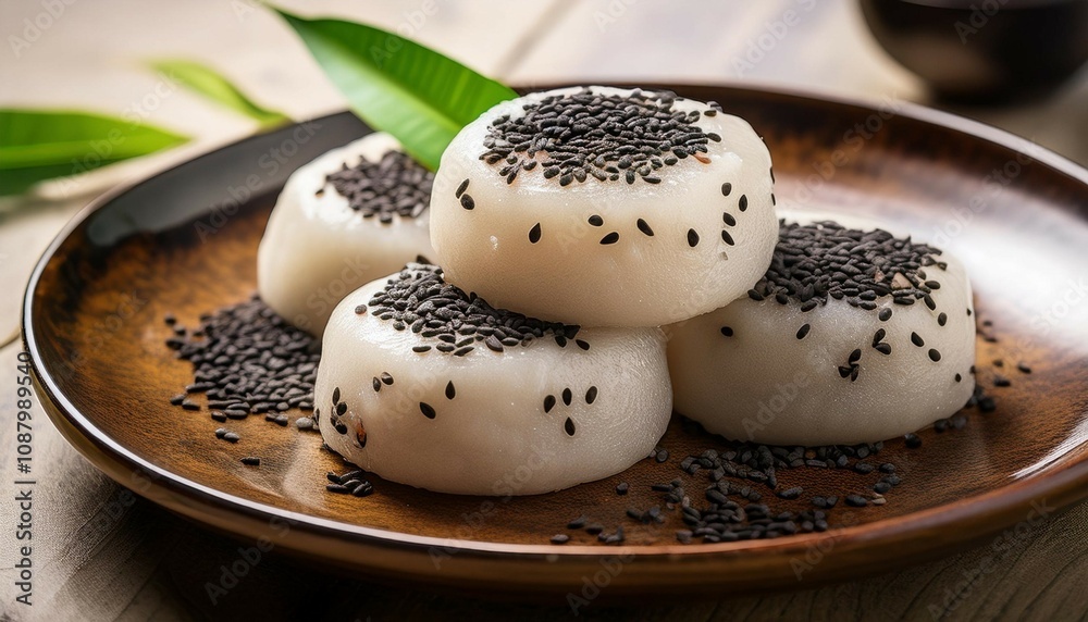 steamed glutinous rice cakes with black sesame seeds soft steamed glutinous rice cakes topped with black sesame seeds served on a rustic ceramic plate steamed glutinous rice cakes with black sesame seeds soft steamed glutinous rice cakes topped with black sesame seeds served on a rustic ceramic plate