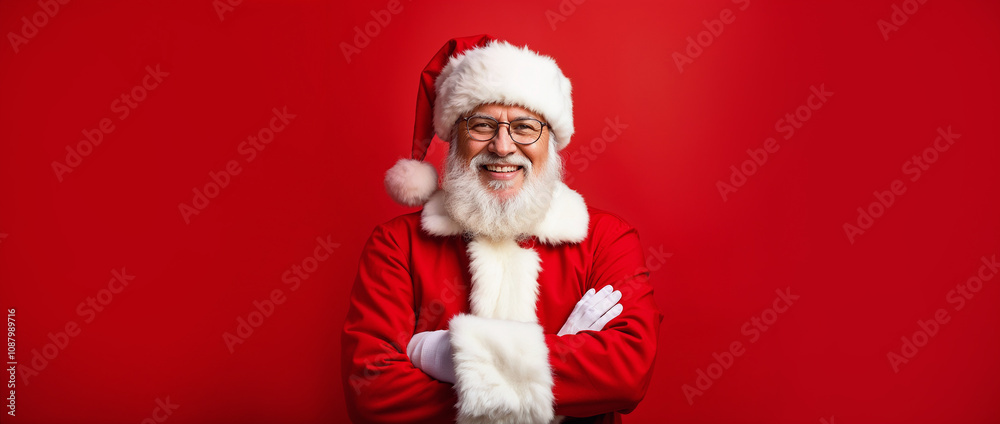 Cheerful Santa Claus in a red suit with a friendly smile, standing against a bright red backdrop, embodying the spirit of Christmas and holiday joy.
Cheerful Santa Claus in a red suit with a friendly smile, standing against a bright red backdrop, embodying the spirit of Christmas and holiday joy.