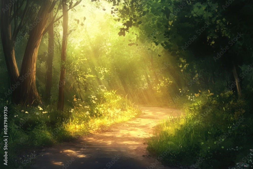 Obraz premium A sunlit path winds through a lush green forest, with beams of light filtering through the trees.