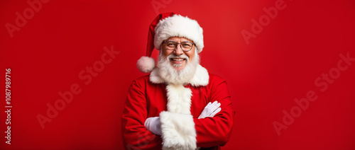 Cheerful Santa Claus in a red suit with a friendly smile, standing against a bright red backdrop, embodying the spirit of Christmas and holiday joy.

