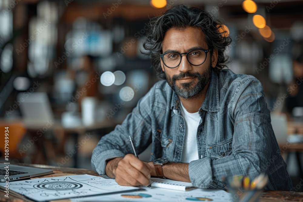 Young Indian Business Executive Sketching Ideas and Checking Data in Modern Office Young Indian Business Executive Sketching Ideas and Checking Data in Modern Office