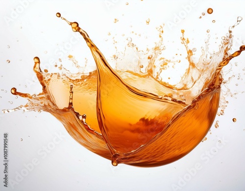 vibrant orange liquid splash frozen mid air with scattered droplets the motion and texture of the liquid are dynamic contrasting against a clean white backdrop photo