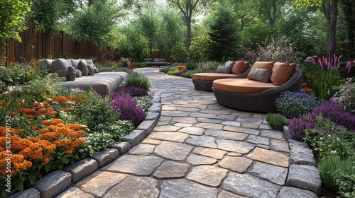 Serene garden pathway with seating and vibrant flowers.