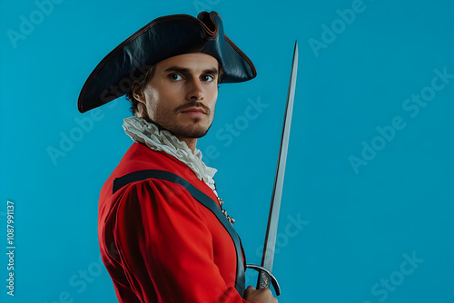 A French musketeer in period attire with a rapier, standing confidently against a royal blue background, representing elegance and valor. A musketeer poised for action.


 photo