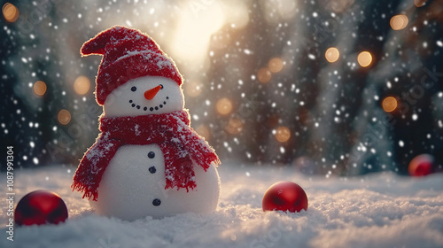 joyful snowman wearing a red scarf stands in the snow, surrounded by gentle snowflakes, evoking the warmth and cheer of Christmas during a winter wonderland scene photo