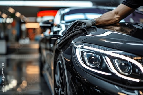 Person cleaning car with microfiber cloth, car detailing concept, close-up on hand