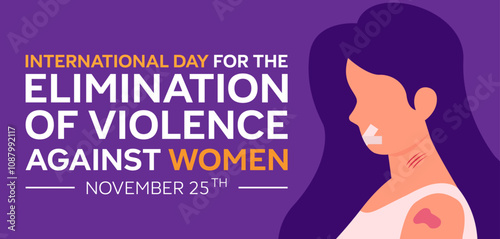 International Day for the Elimination of Violence against Women. Long-haired woman with bruises and scars. Vector illustration with text, flowers and ribbon.