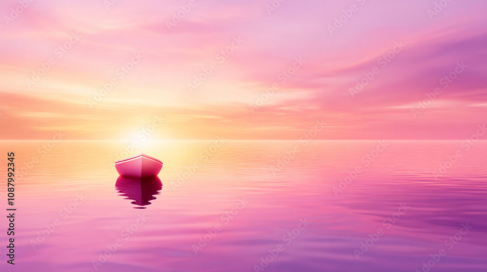 Obraz premium serene boat floats on vibrant pink sunset sea