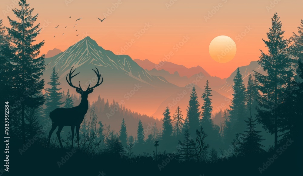 Scenic Forest Landscape with Deer Silhouettes and Green Mountains Scenic Forest Landscape with Deer Silhouettes and Green Mountains