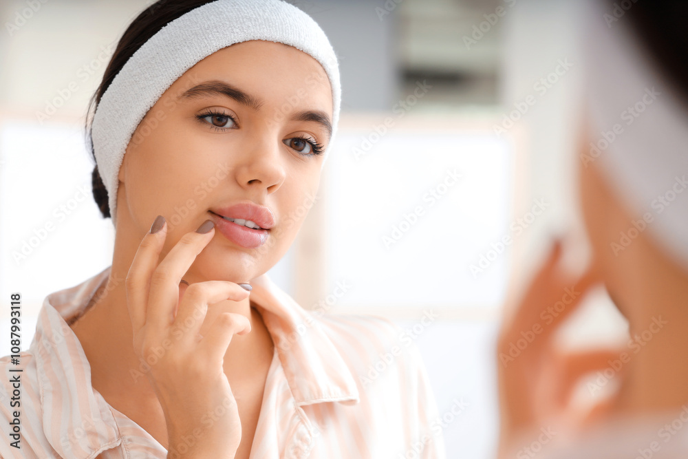 Beautiful young woman with soft lips near mirror in bathroom, closeup Beautiful young woman with soft lips near mirror in bathroom, closeup