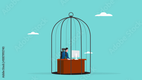 office workers, nine to five job, working monotonously or a system of limiting creativity, employees work in closed bird cages