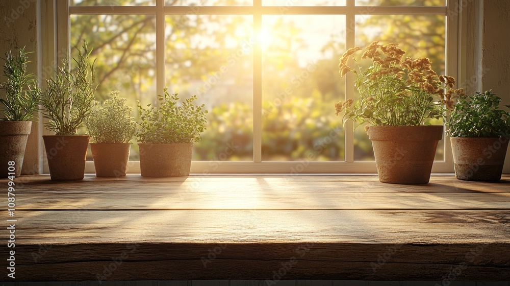 Sunlit windowsill with potted herbs. Sunlit windowsill with potted herbs.