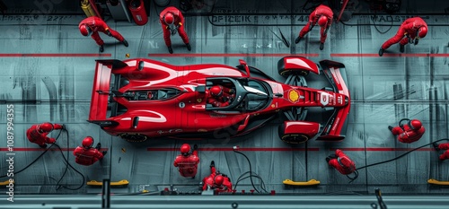 Pit crew working on race car engine during pit stop from top view with motion blur