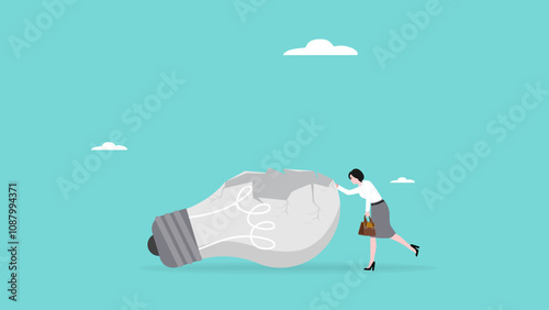 frustrated businesswoman broke a old light bulb suitable to describe about loss idea in business, as a crash of idea and creativity, decreased creative performance concept illustration