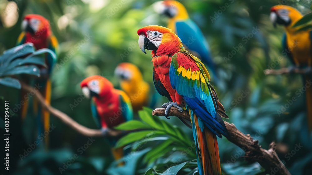 Colorful parrots perched in lush tropical jungle scene