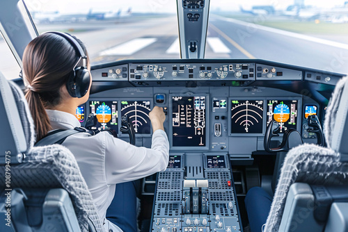 Image of young woman piloting a commercial airplane from inside the cockpit