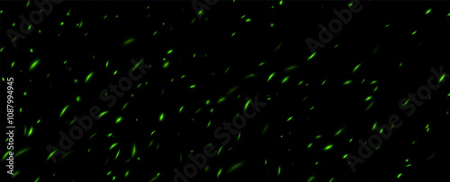 Green fire sparks, abstract glowing embers, heat sparkles, flying flame cinder, bokeh fire texture. Vector illustration.