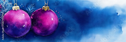 Mystical watercolor Christmas balls in royal purple and deep indigo on a midnight blue background, photo