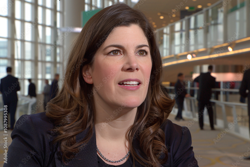 Portrait of a forty year old brunette businesswoman with long hair in a public place with people in the background around Portrait of a forty year old brunette businesswoman with long hair in a public place with people in the background around