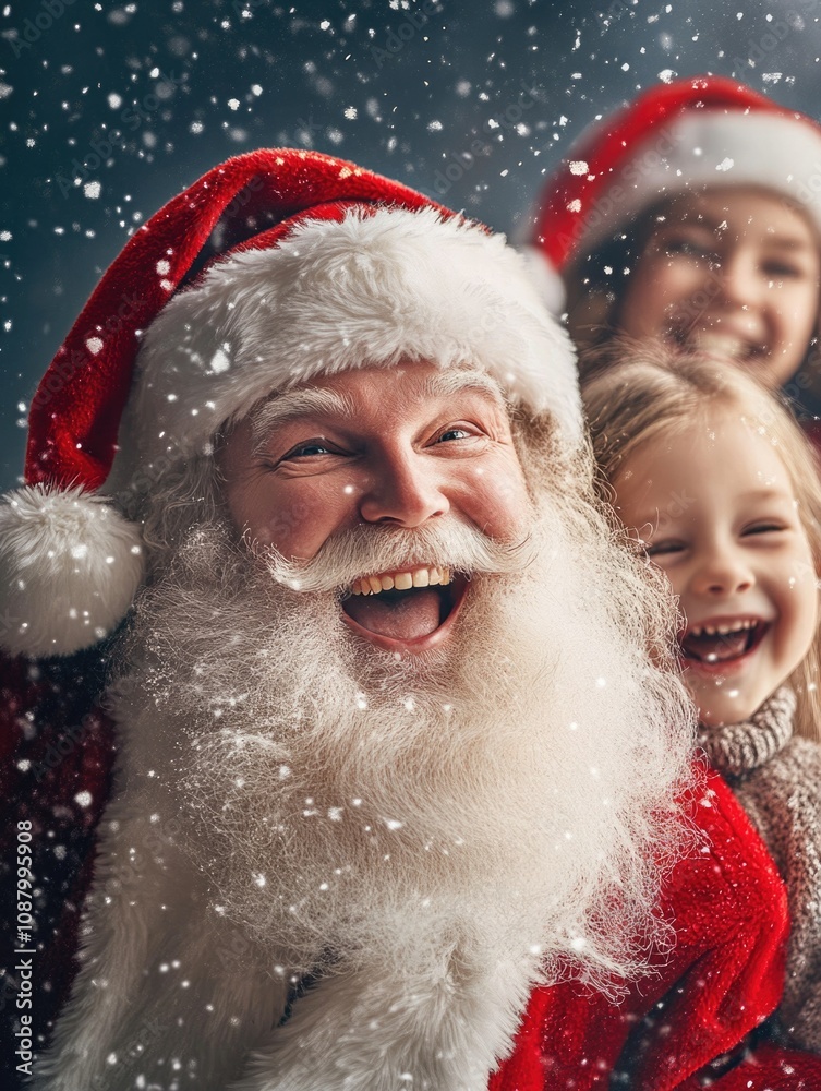 Joyful Santa Claus with Children in the Snow Joyful Santa Claus with Children in the Snow