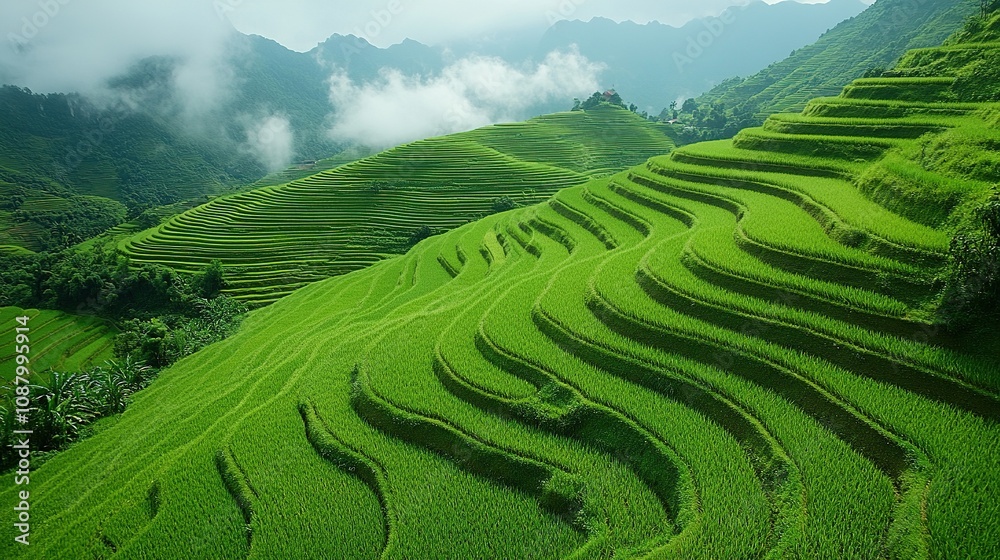 Fototapeta premium Paddy terraces (agricultural landscape) cascading down a hillside,