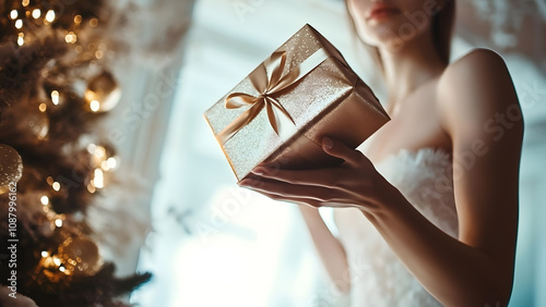 Elegant Golden Gift Box in the Hands of a Beautiful Young Woman Next to a Christmas Tree, Perfect for a Luxurious New Year Celebration 