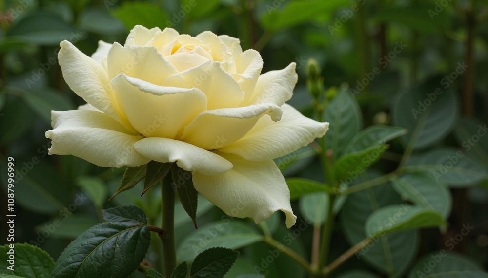 Fototapeta premium Cream-colored rose blooming in lush green garden