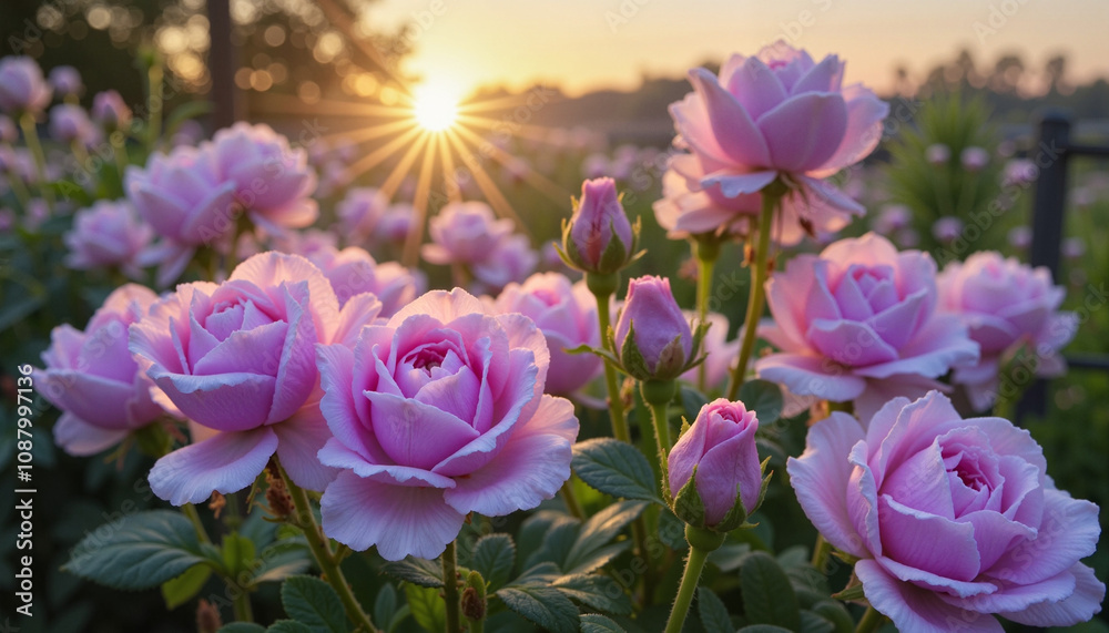 Pink roses blooming at sunset in garden Pink roses blooming at sunset in garden