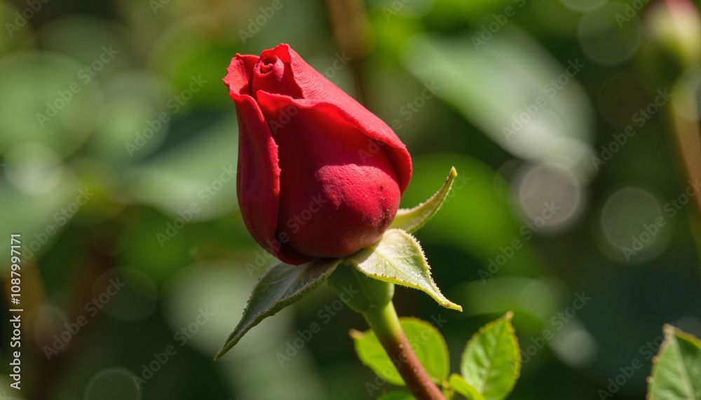 Single red rose bud blooming in garden against blurred background Single red rose bud blooming in garden against blurred background