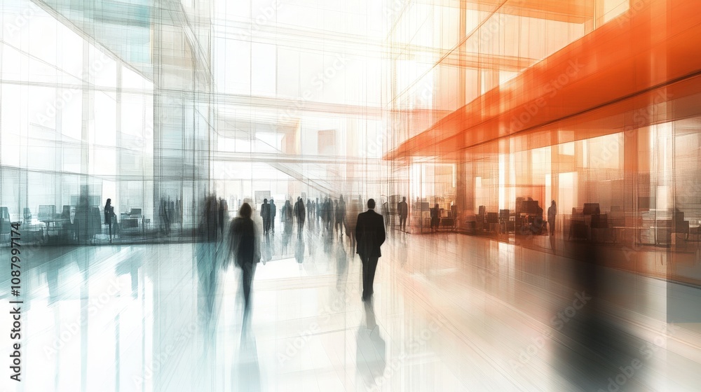Blurred Silhouettes of People Walking in a Modern Office Building Blurred Silhouettes of People Walking in a Modern Office Building