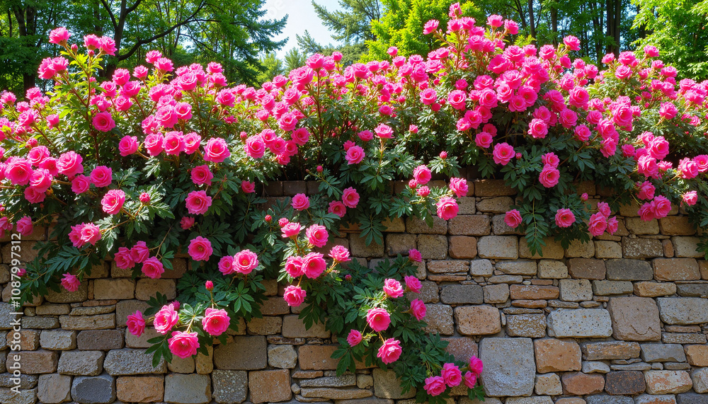 Vibrant pink roses cascading over rustic stone wall in garden Vibrant pink roses cascading over rustic stone wall in garden