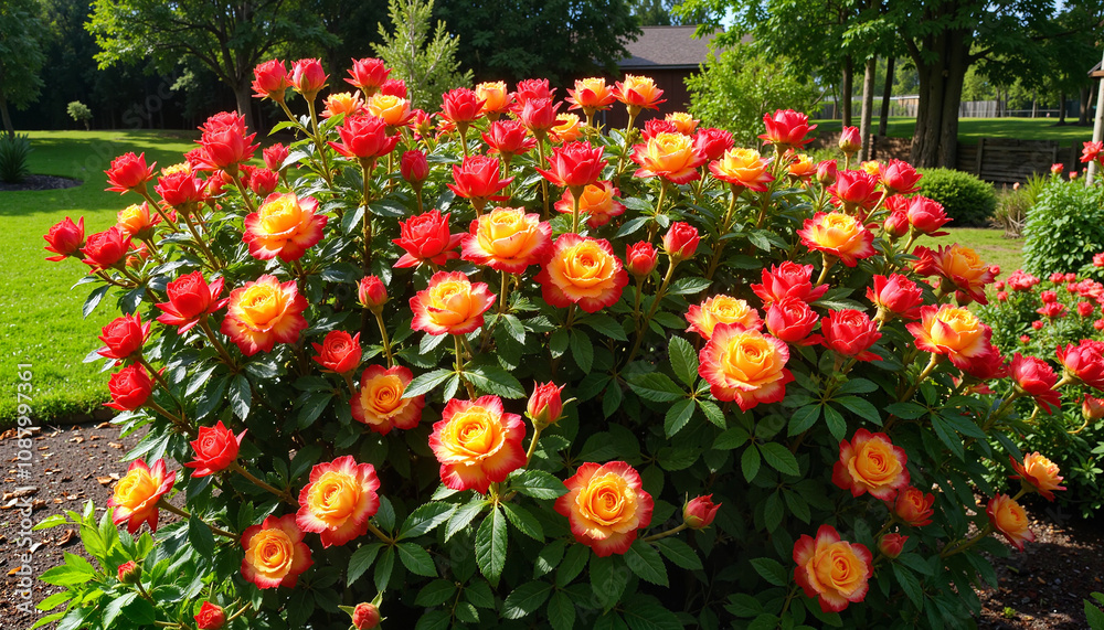 Vibrant red and yellow roses blooming in garden landscape Vibrant red and yellow roses blooming in garden landscape