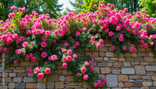 Vibrant pink roses cascading over rustic stone wall in garden
