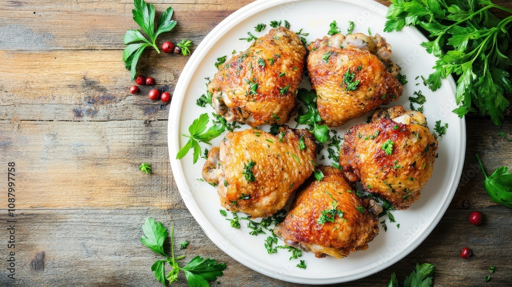Four golden brown, roasted chicken thighs on a white plate with parsley and red peppercorns, on a wooden table. Four golden brown, roasted chicken thighs on a white plate with parsley and red peppercorns, on a wooden table.