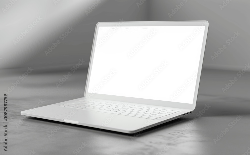 Floating white laptop with blank screen on grey background 3D rendering minimalist mockup template Floating white laptop with blank screen on grey background 3D rendering minimalist mockup template