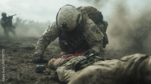 a rescue scene on a modern battlefield