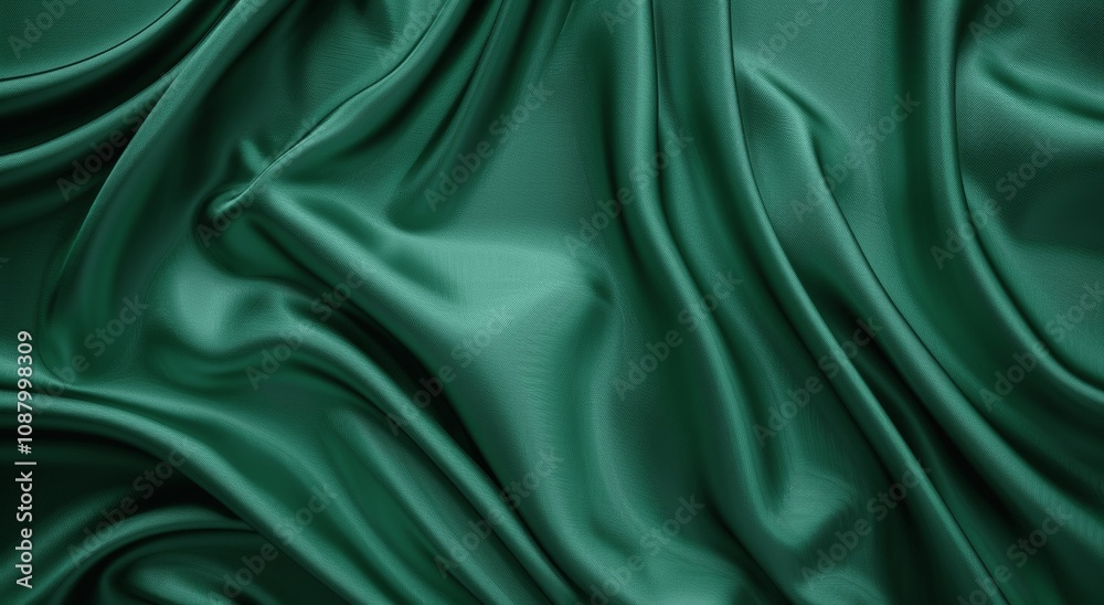 Obraz premium Dark emerald green silk satin. Shiny smooth fabric with soft folds. Luxury background for design. Flat lay, top view. Birthday, Christmas, Valentine, New Year. Elegant textile