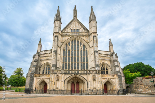 The medieval Cathedral Church of the Holy Trinity, Saint Peter, Saint Paul and Saint Swithun, commonly known as Winchester Cathedral, in the city of Winchester, England. 