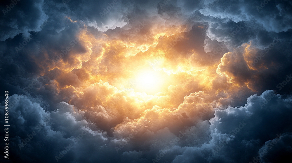 A dramatic sky with dark storm clouds, partially illuminated by a bright light breaking through the cloud cover, creating a contrasting atmosphere of tension, hope, and the power of nature A dramatic sky with dark storm clouds, partially illuminated by a bright light breaking through the cloud cover, creating a contrasting atmosphere of tension, hope, and the power of nature