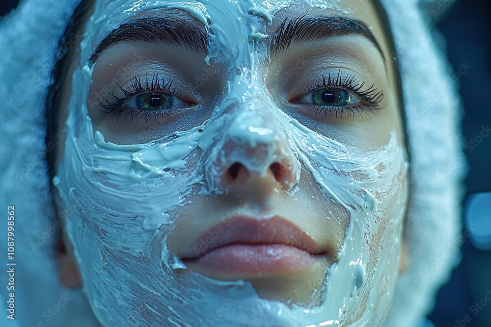 Close-up of a beautician spreading a creamy white facemask on a client's face for a rejuvenating spa experience Close-up of a beautician spreading a creamy white facemask on a client's face for a rejuvenating spa experience
