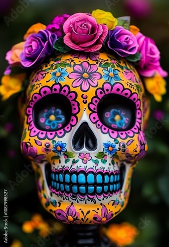 Colorful Sugar Skull Floral Decoration for Day of the Dead Celebration in Mexico