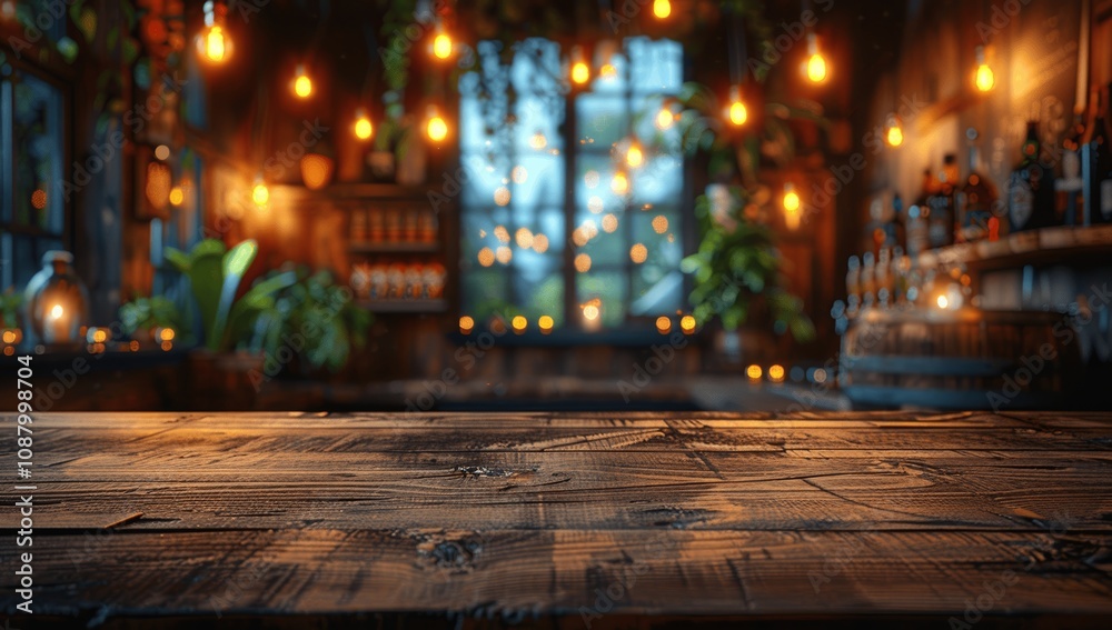 Dark Wooden Table in Bar Interior with Blurred Lights Background for Product Display