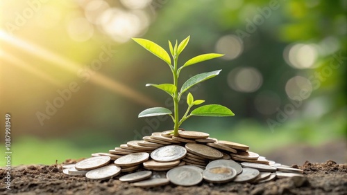 Plant Growing from Coins A small plant sprouting from a pile of coins symbolizing growth potential in undervalued investments if nurtured correctly. photo