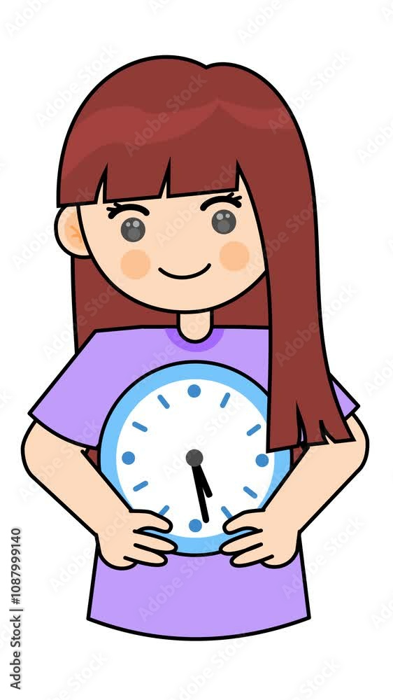 Female cartoon character holding clock animation. Alpha channel. Seamless looping. Suitable for deadline symbol and time management video content Female cartoon character holding clock animation. Alpha channel. Seamless looping. Suitable for deadline symbol and time management video content