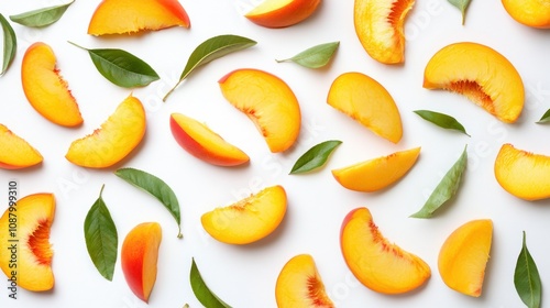 Fresh peach slices and leaves arranged in a pattern on a white background.