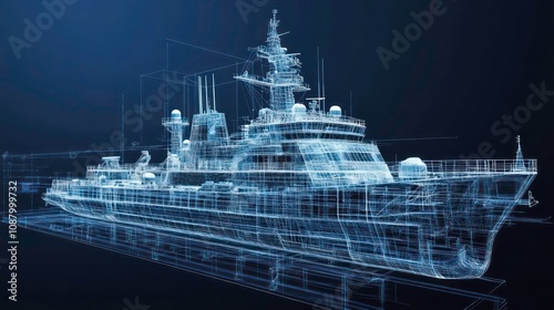 A wireframe model of a ship on a dark blue background. © florynstudio3