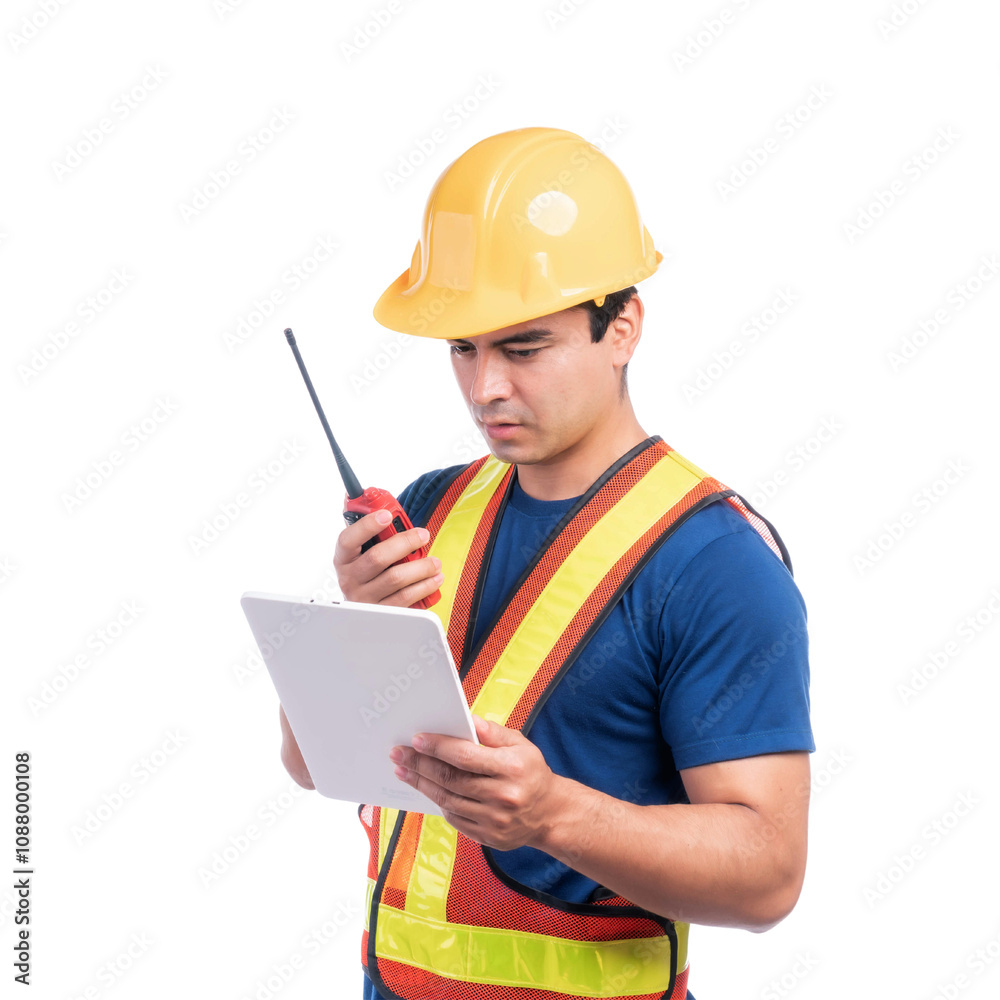 Portrait young architect man engineering with yellow helmet holding megaphone and tablet computer in hand , He standing arms crossed isolated on a transparent png background Portrait young architect man engineering with yellow helmet holding megaphone and tablet computer in hand , He standing arms crossed isolated on a transparent png background